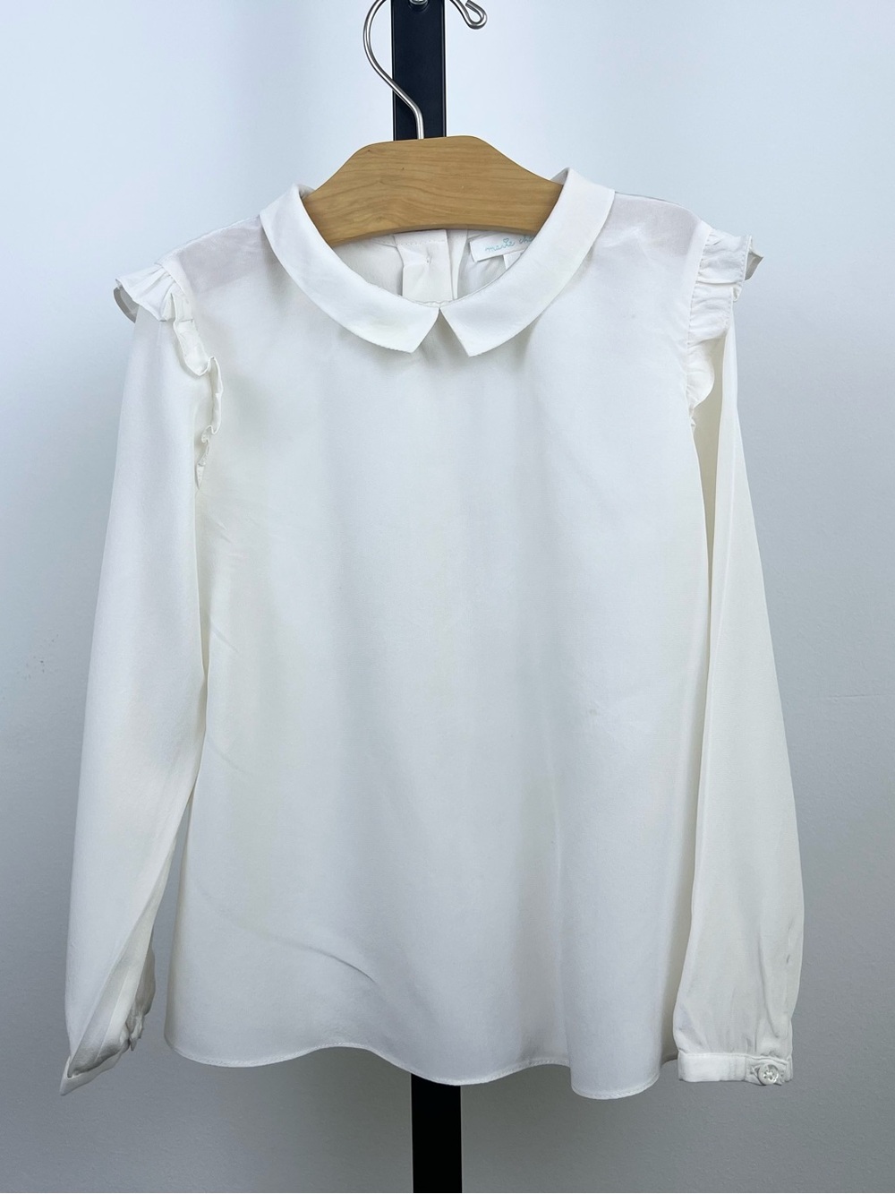 Marie Chantal Girls Ruffle Silk Long Sleeve Peter Pan Collar Blouse, Ivory, 5Y
